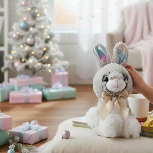 Vintage Plush Bunny Rabbit Toy Brown Iridescent Ears Stuffed Animal Hong Kong